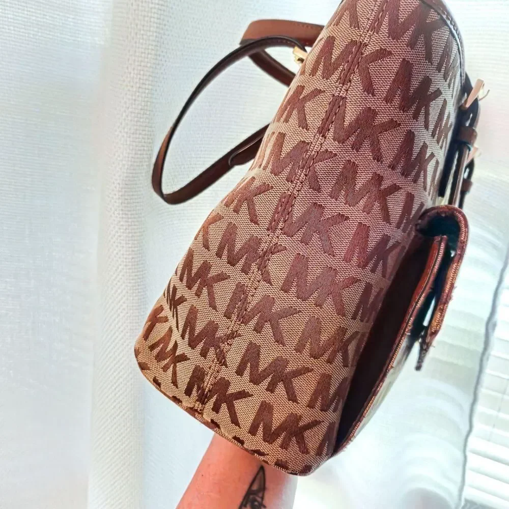Michael Kors MK Signature Tote Bag Beige Brown Leather Shoulder Bag